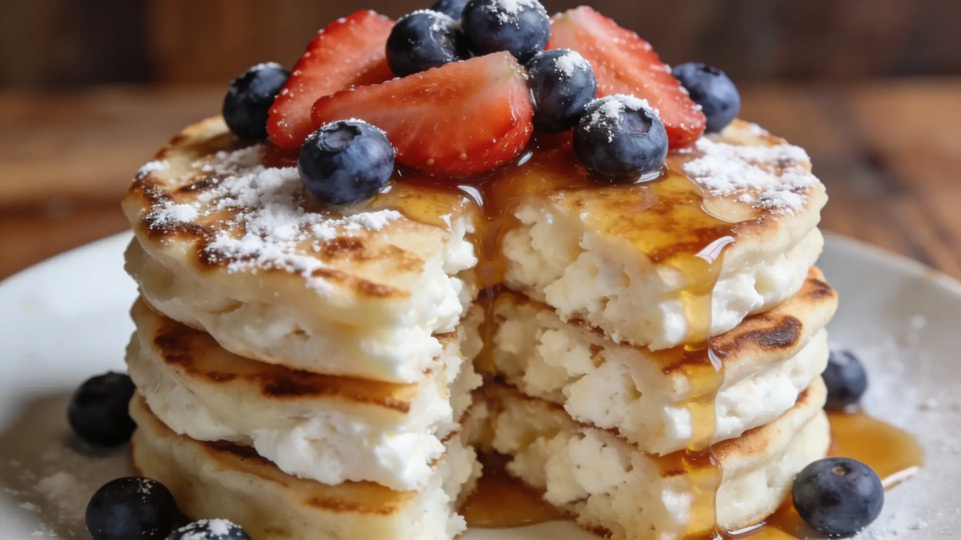 Stacked protein pancakes with toppings - Cottage Cheese Protein Pancakes