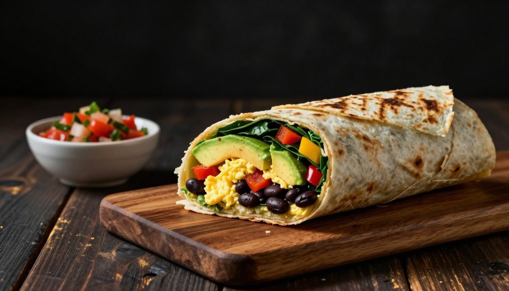 Sliced breakfast burrito with eggs, vegetables, avocado, and salsa on a wooden board.
