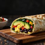 Sliced breakfast burrito with eggs, vegetables, avocado, and salsa on a wooden board.