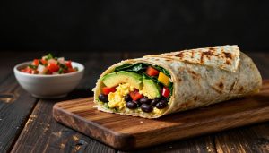 Sliced breakfast burrito with eggs, vegetables, avocado, and salsa on a wooden board.
