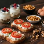 Homemade protein snacks arranged on a dark wooden table.