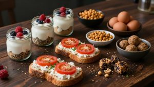 Homemade protein snacks arranged on a dark wooden table.