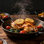 Lemon garlic chicken with spinach and tomatoes surrounded by roasted chicken dishes.
