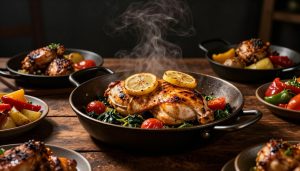 Lemon garlic chicken with spinach and tomatoes surrounded by roasted chicken dishes.