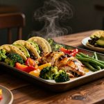 Lemon garlic chicken, roasted vegetables, and black bean tacos on a wooden table.