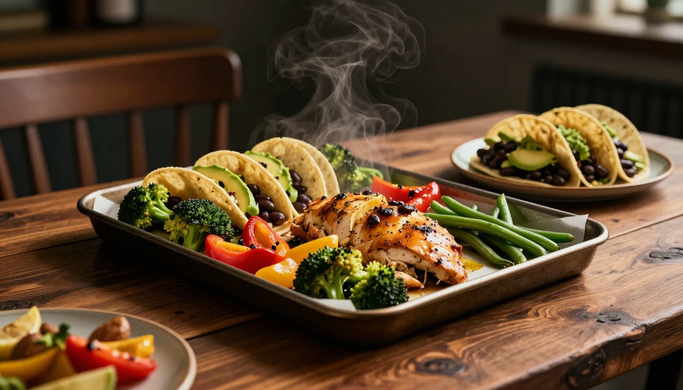 Lemon garlic chicken, roasted vegetables, and black bean tacos on a wooden table.