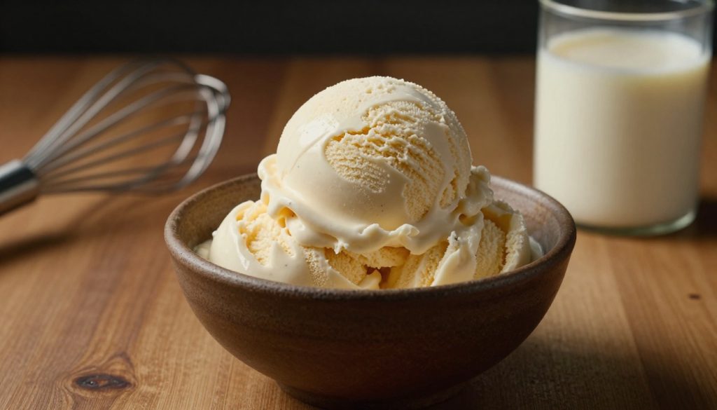 A scoop of vanilla ice cream in a bowl beside a whisk and open can.