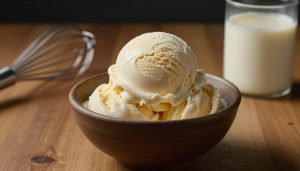 A scoop of vanilla ice cream in a bowl beside a whisk and open can.