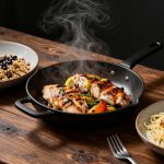 Three high-protein chicken dinners sit on a rustic table with herbs, eggs, and a kitchen scale.