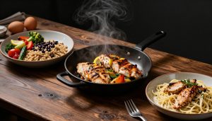 Three high-protein chicken dinners sit on a rustic table with herbs, eggs, and a kitchen scale.