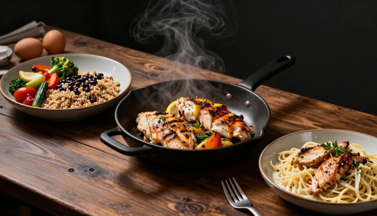 Three high-protein chicken dinners sit on a rustic table with herbs, eggs, and a kitchen scale.