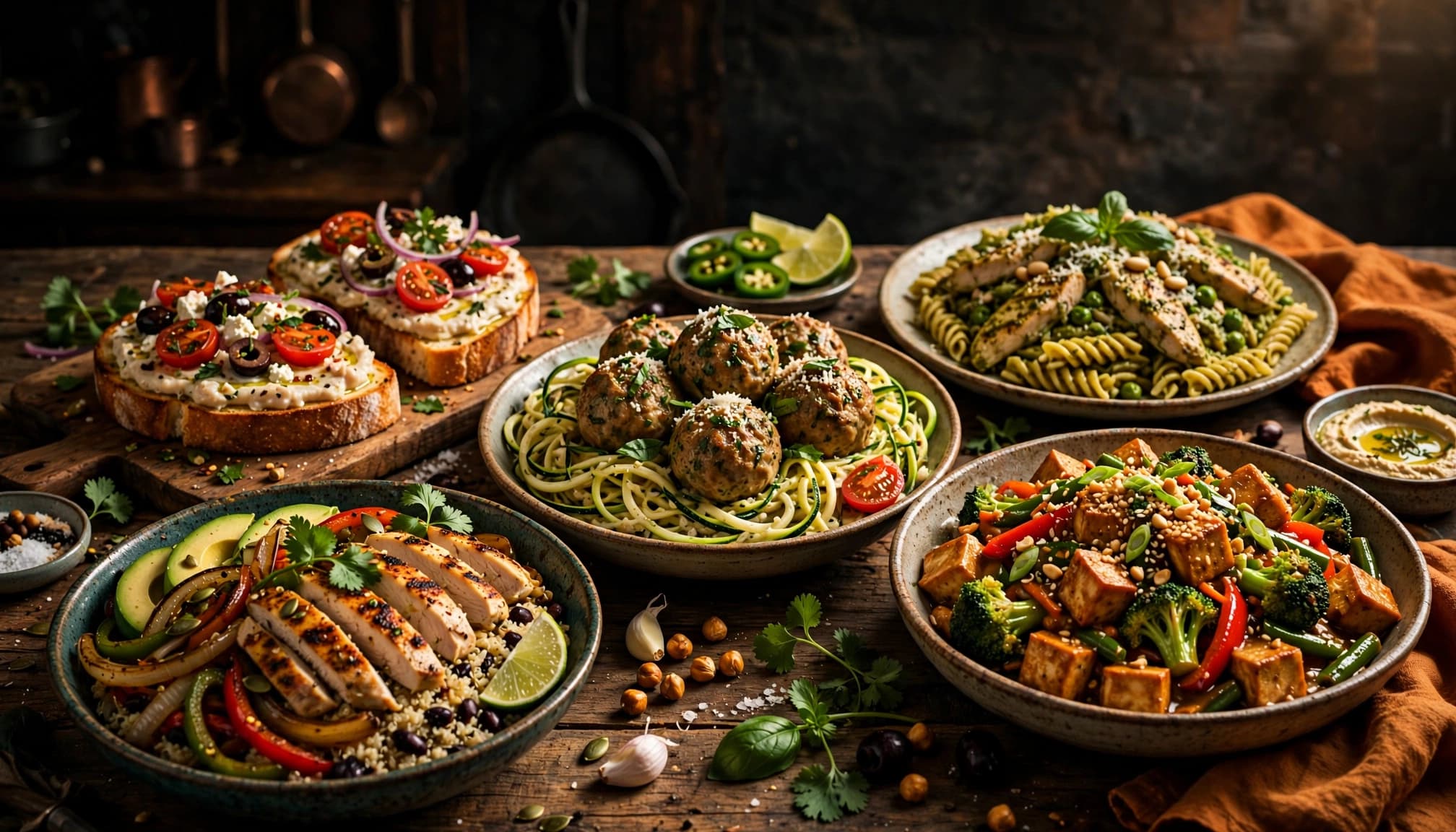 A colorful spread of family-style dinners on a rustic table.
