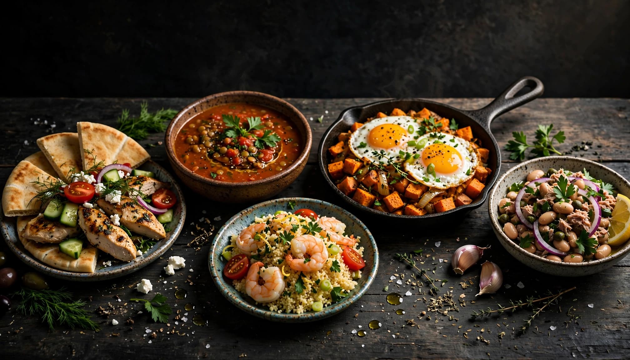 Five colorful healthy dinners arranged on a rustic table against a dark background.