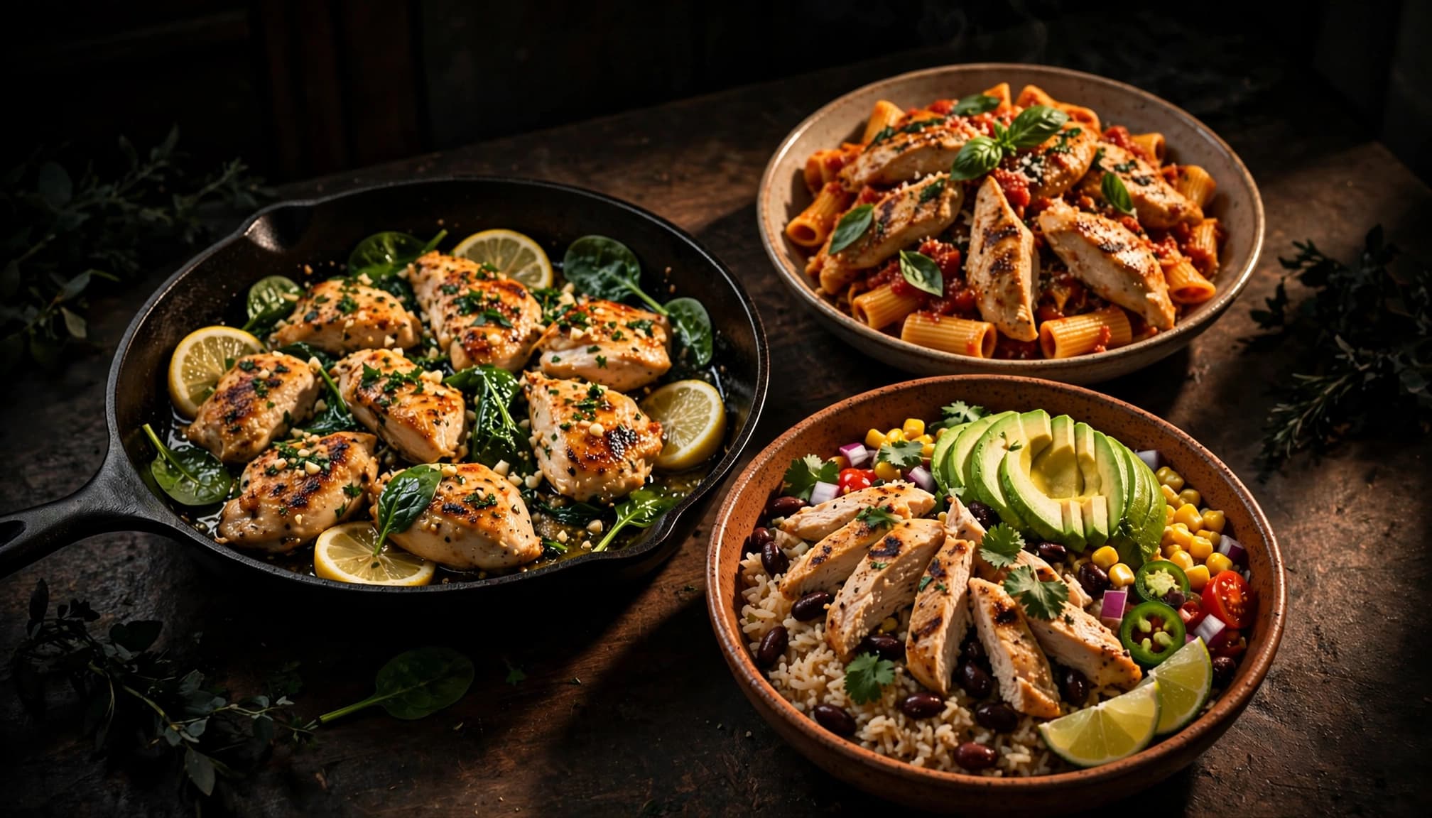 Three chicken dinners with spinach, rice and beans, and tomato basil pasta on a warm table.