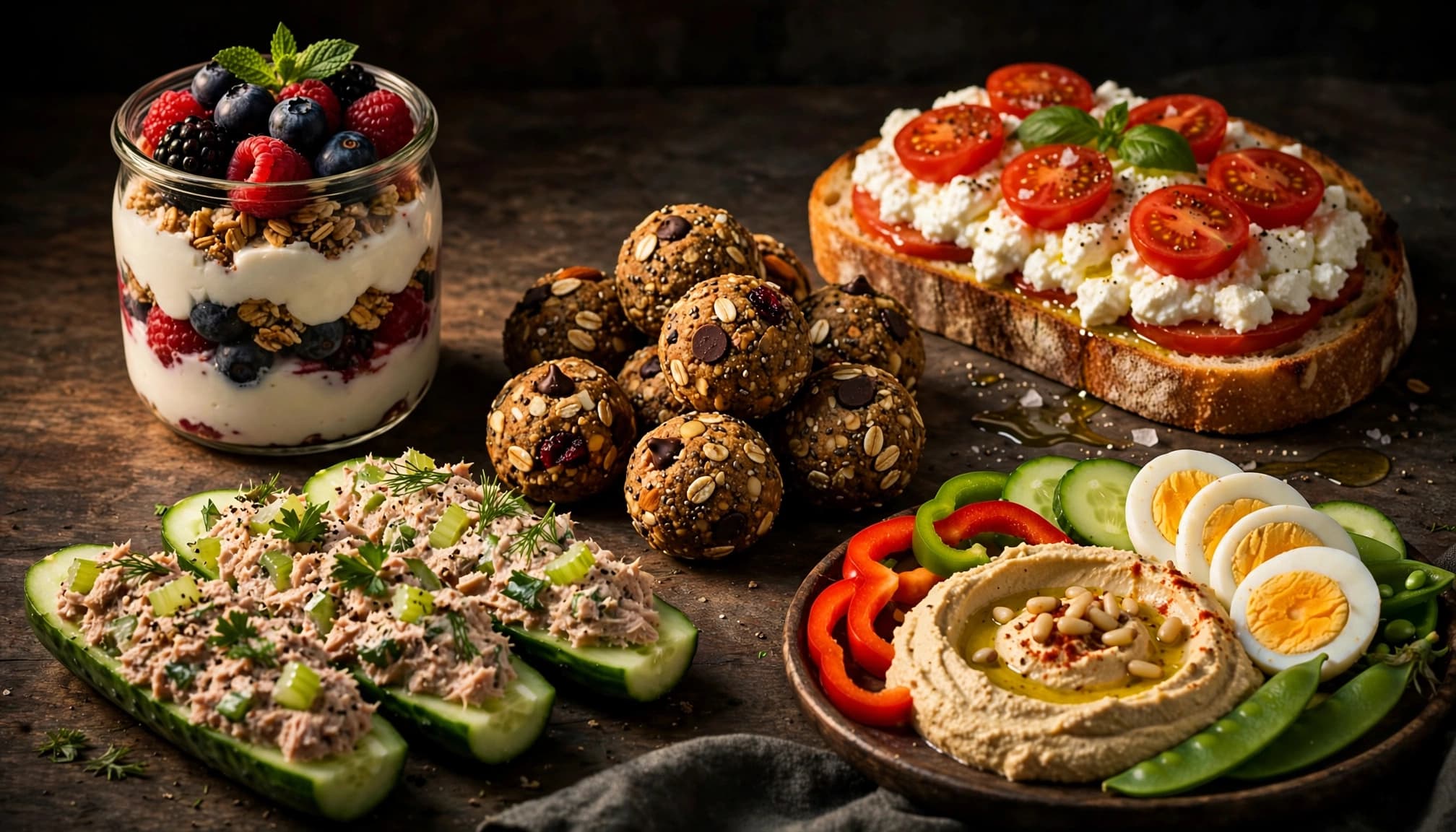 Five high-protein snacks on a rustic counter, including parfait, toast, energy bites, tuna boats, and eggs.