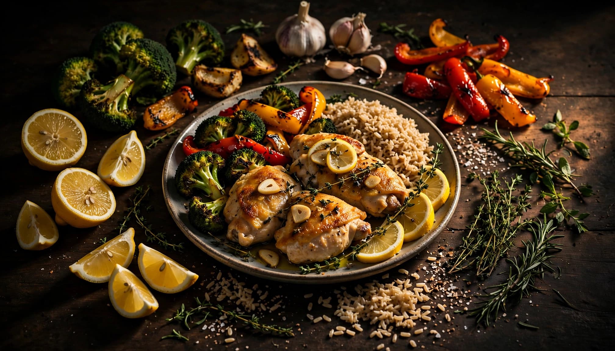Lemon garlic chicken with roasted vegetables, brown rice, and lemon wedges on a dark rustic table.