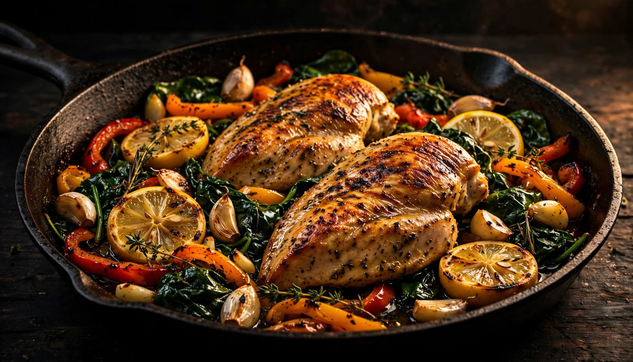 Golden chicken with lemon, garlic, spinach, and bell peppers in a skillet.